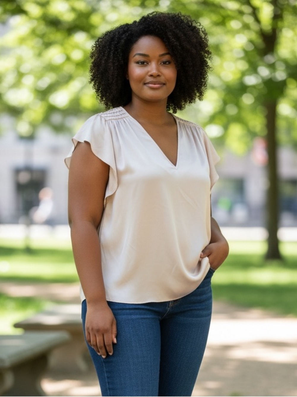 White House Black Market Cream V-Neck Flutter Sleeve Top